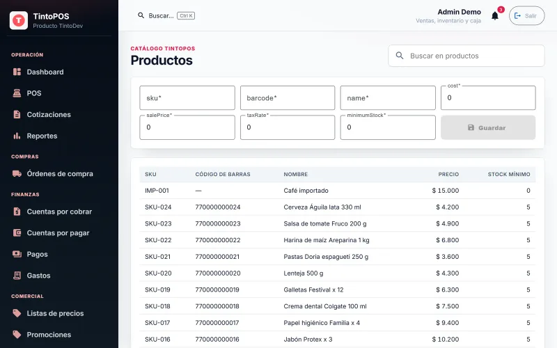 Catálogo de productos de TintoPOS con SKU, código de barras, precio y stock mínimo